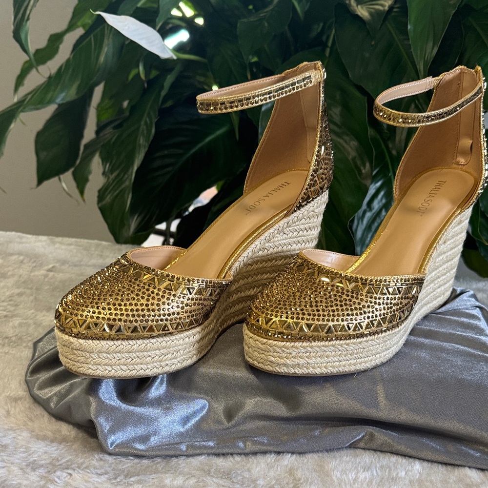 Thalia Sodi Mika Metallic Gold Espadrille Wedge Shoe Size 10M - Picture 3 of 11